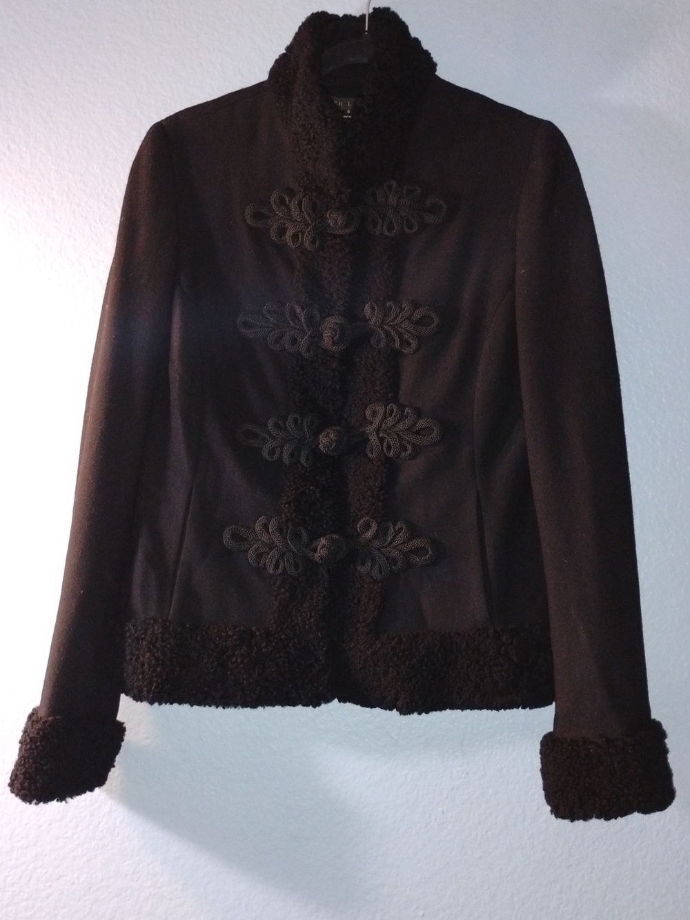 Ralph Lauren Black Label Black Wool Pea Coat with Faux Shearling Trim